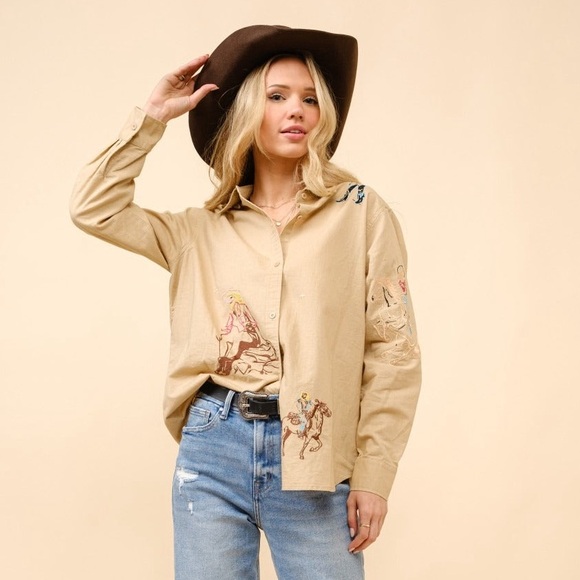 Embroidered Western Cowgirl Linen Shirt Blouse - Blue B - Picture 7 of 7